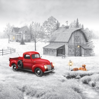 MS-3285f-morning-frost-farm-B_W-with-Red-Truck-no-silo